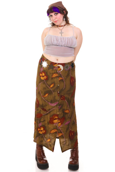 Vintage Y2K Olive & Floral Cafe Maxi Skirt
