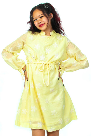 Vintage 70's Yellow Sunshine Embroidered Floral Dress