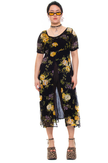 Vintage 90's Sheer Black Floral Slit Dress
