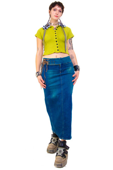 Vintage Y2K Suede Lace Denim Maxi Skirt