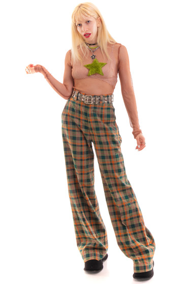 Vintage 70's Green & Orange Plaid Wide Leg Pants