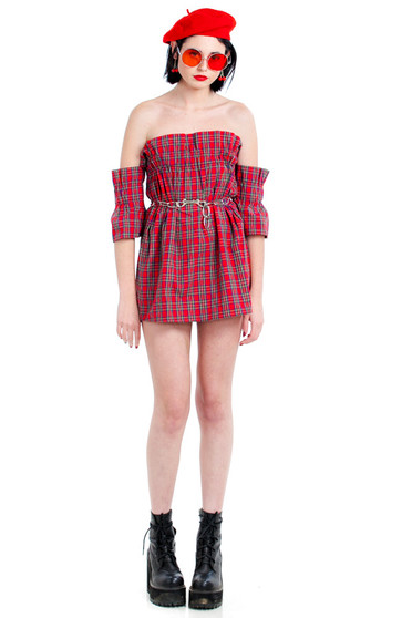 Vintage 90's Red Heather Plaid Babydoll Dress
