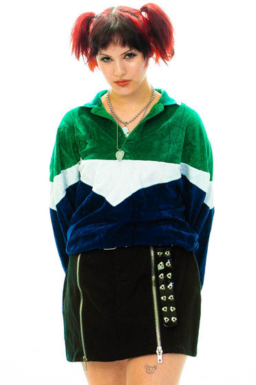 Vintage 70's Navy Blue Crush Velour Collared Pullover