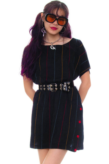 Vintage 70's Rainbow Striped Button Mini Dress