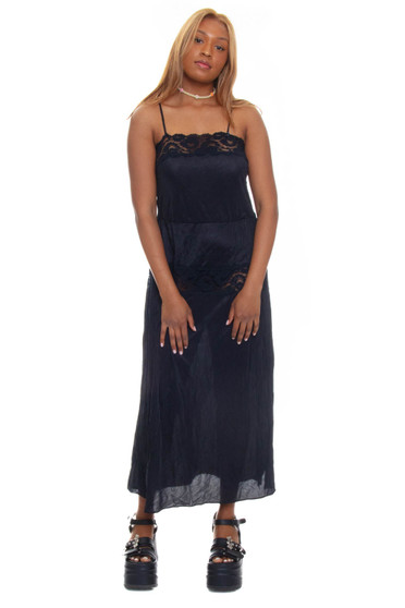 Vintage 70's Black Lace Silk Slip Maxi Dress