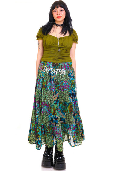 Vintage Y2K Drawstring Patchwork Print Midi Skirt