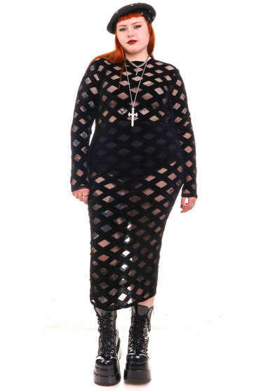 Vintage Y2K Black Velvet Burnout Criss Cross Maxi Dress