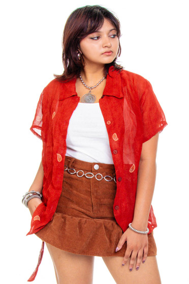 Vintage 90's Sheer Orange Paisley Button Up Top