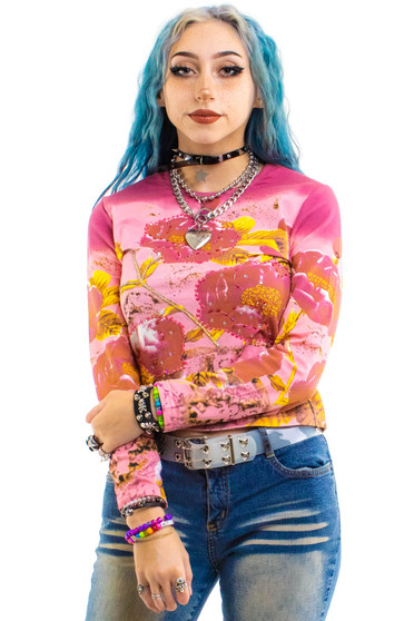 Vintage 90's Pink Floral Art Sequins Long Sleeve 1