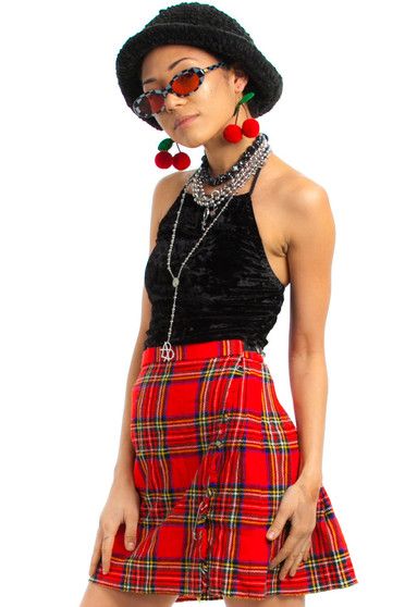 Vintage 90's Buckle Waist Plaid Pleated Mini Skirt