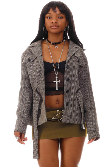 Vintage 90's Herringbone Button Up Belted Jacket