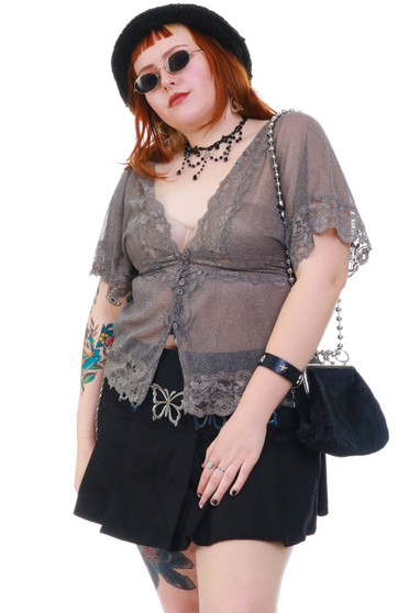 Vintage Y2K Sparkly Silver Lace Sheer Top