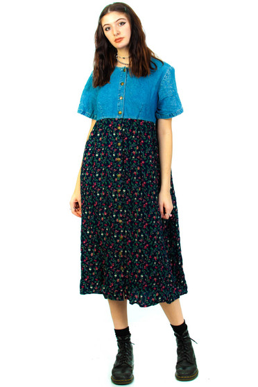 Vintage 90's Denim Mix Floral Midi Dress