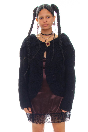 Vintage 90's Chunky Black Knit Flower Cardigan