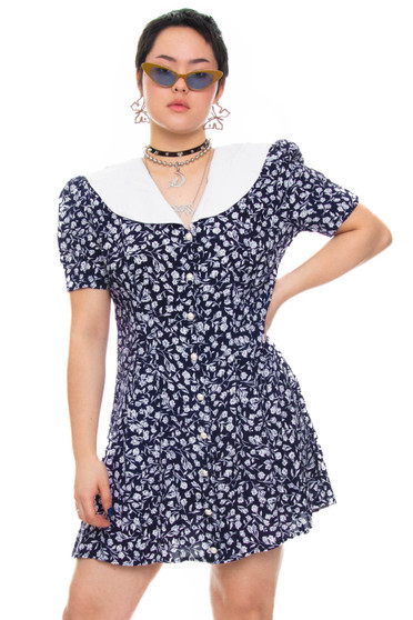 Vintage 80's Navy Floral Peter Pan Collar Dress