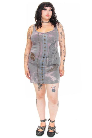 Vintage Y2K Decorated Tie-Dye Grey Fairy Tank Dress