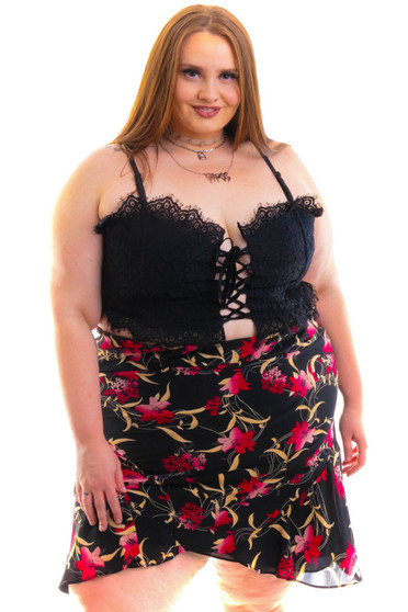 Vintage 90's Black Hibiscus Ruffle Midi Skirt