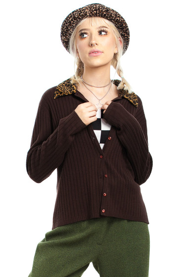 Vintage 90's Fuzzy Cheetah Collar Cardigan