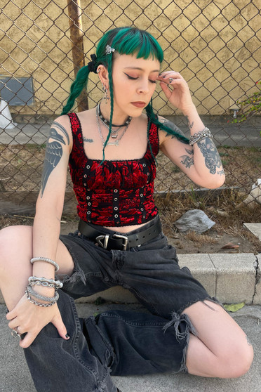 Lexi Black & Red Velvet Burnout Grommet Top