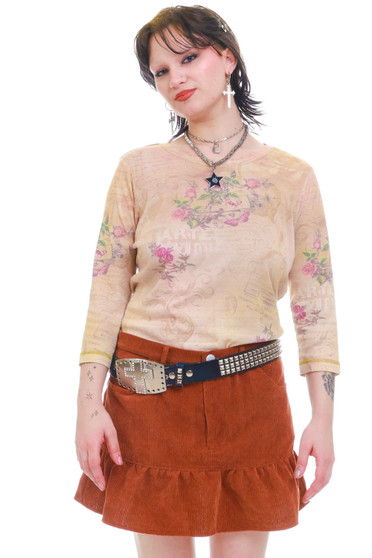 Vintage Y2K Beige Floral Rhinestone Top