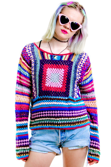 Vintage 90's Does 70's Pastel Rainbow Crocheted Pullover