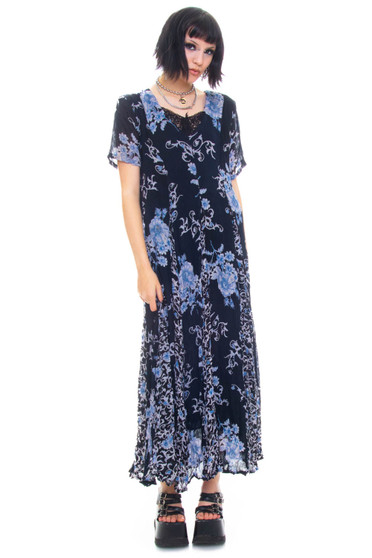 Vintage 90's Moody Blue Floral & Micro Floral Layered Maxi Dress