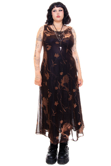 Vintage 80's Copper Metallic Floral Maxi Dress - XL/2X