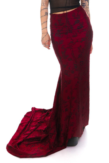 Vintage Y2K Vampy Velvet Floral Train Maxi Skirt