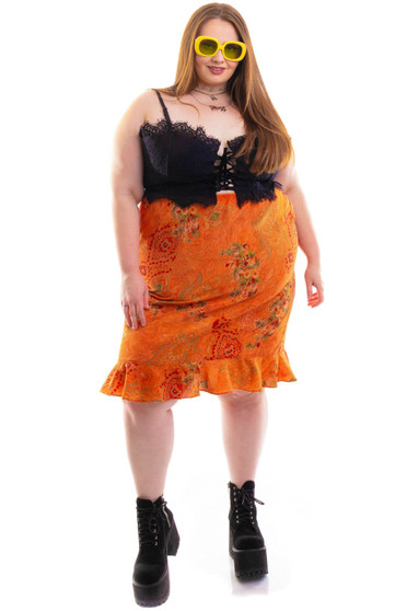 Vintage 90's Orange Floral Paisley Midi Skirt