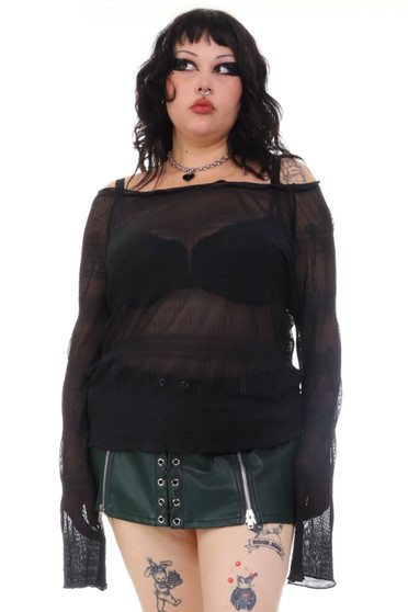 Vintage Y2K Witchy Black Mesh Long-Sleeve
