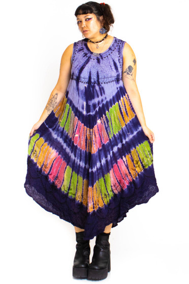 Vintage 90's Tie-Dye Embroidered Trim Dress