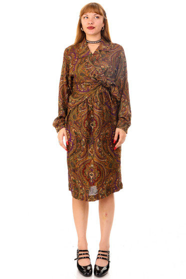Vintage 80's Paisley Tie-Up Long Sleeve Dress