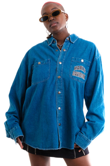 Vintage 90's Harley Davidson Denim Flame Embroidered Button Up