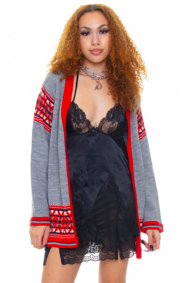 Vintage 70's Grey Knit Red Pattern Open Cardigan