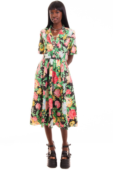 Vintage 80's Garden Party Floral Cotton Maxi Dress
