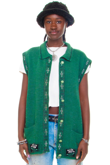 Vintage 90's Green Flower Knit Button Up Sweater Vest