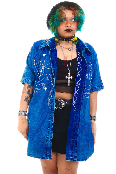 Vintage 80's Denim Rhinestone & Beaded Embroidered Shirt