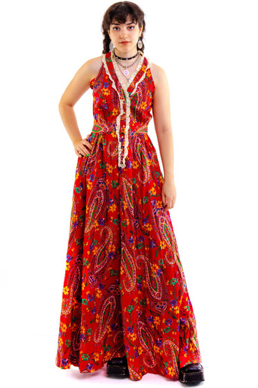 Vintage 70's Red Floral Paisley and Lace Maxi Dress