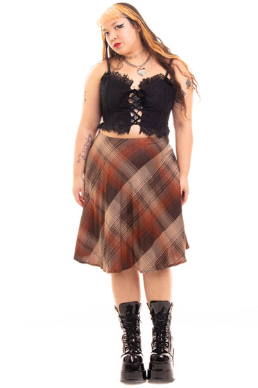 Vintage 70's Brown Pleated Plaid Midi Skirt
