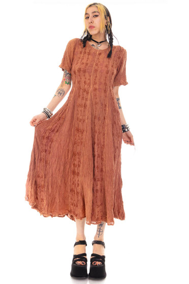 Vintage 90's Faded Brown Embroidered Fairy Maxi Dress