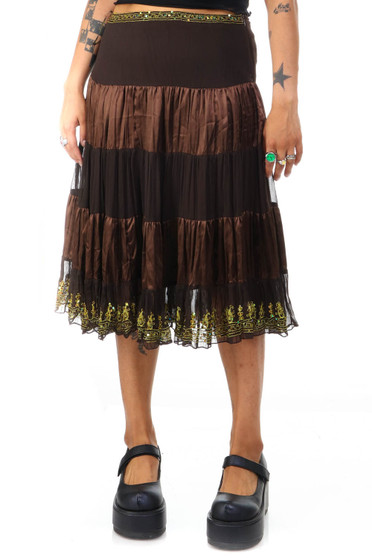 Vintage Y2K Romantic Embellished Brown Tiered Maxi Skirt
