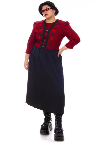 Vintage 80's Red Plaid Rose Long-Sleeve Dress