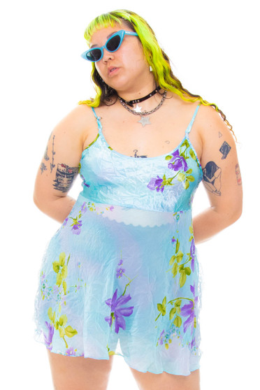 Vintage 90's Secret Treasures Blue Floral Silk Slip Dress