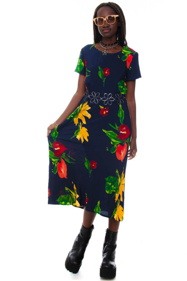 Vintage 90's Moody Blue Bright Floral Maxi Dress