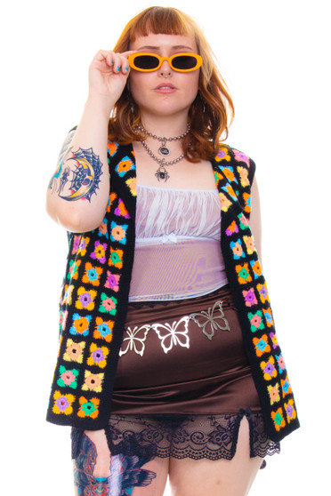 Vintage 90's Does 70's Rainbow Flower Crochet Knit Vest