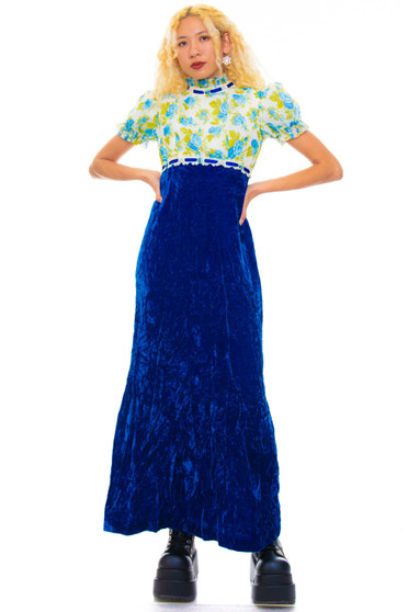 Vintage 60's Blue Crushed Velvet N Floral Maxi Dress