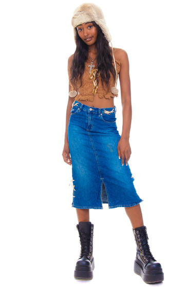 Vintage Y2K Lace Me Up Denim Midi Skirt