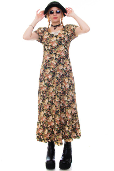 Vintage 90's Floral & Lace Rayon Maxi Dress