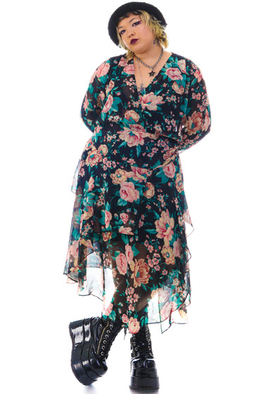 Vintage 90's Black Rose Floral Dress