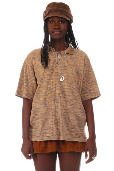 Vintage 90's Brown Striped Cotton Collar T-Shirt